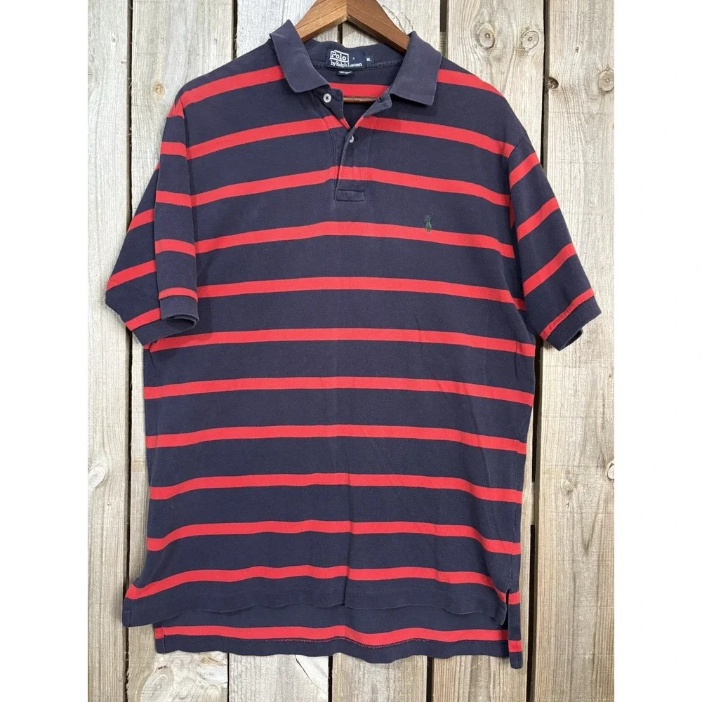 Vintage Ralph Lauren Striped Polo 🐎 Navy Red XL Classic Pique